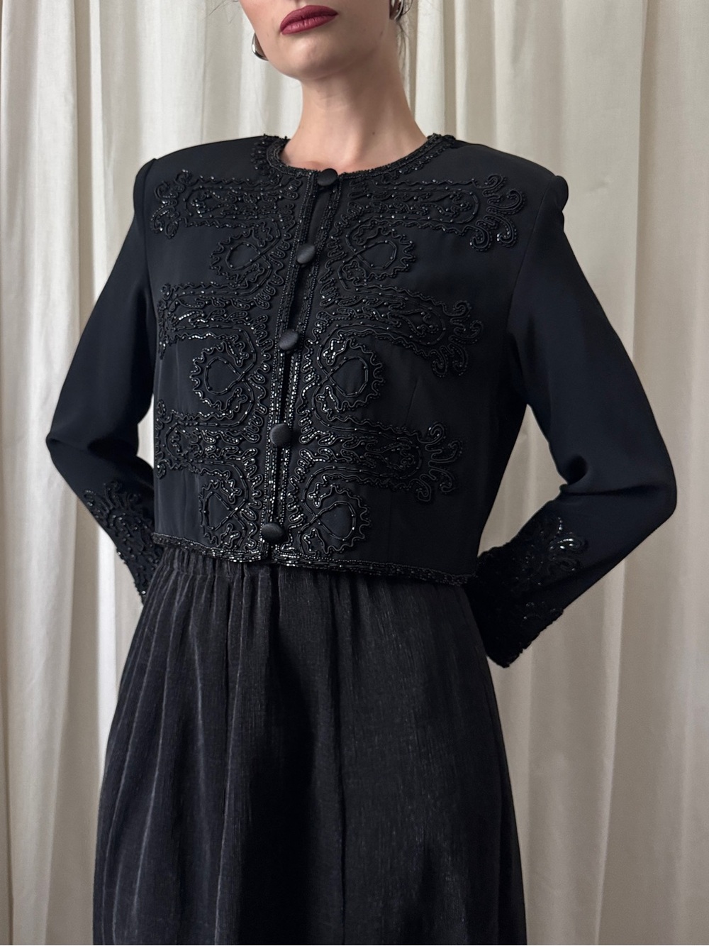 Vintage Belissima Couture Black Beaded Cropped Evening Jacket Women's Size 8